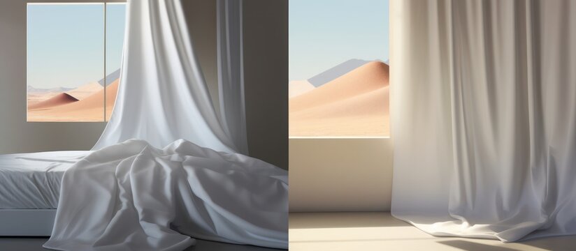 Experience the ethereal beauty of a dreamlike sanctuary where soft silks meet the silent expanse of the desert.