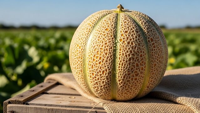 Fresh Cantaloupe Melon on Wooden Crate in Field.