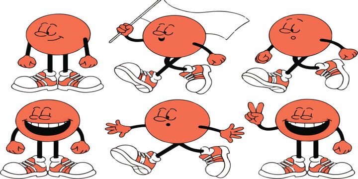 Orange circle character with arms legs and shoes in various poses