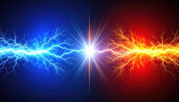 Abstrakcyjne zderzenie niebieskiej i czerwonej energii elektrycznej z jasnym błyskiem światła w centrum na ciemnym tle, symbolizujące walkę sił.