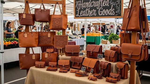 Handcrafted Leather Goods Display at Outdoor Market.