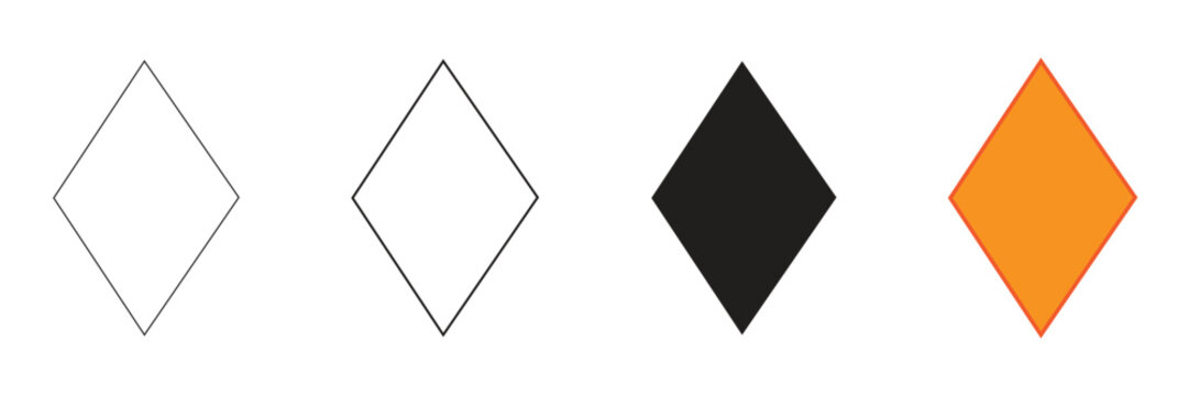 A set of diamond shapes including outline, solid black, and outlined orange variations on a white background, perfect for graphic design and symbolic representation.