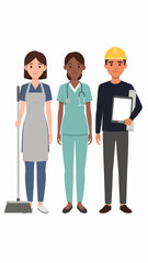Obraz premium Woman cleaner, nurse, and man worker with equipment in a line