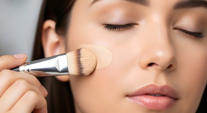 Woman applies makeup with brush on face in beauty routine closeup