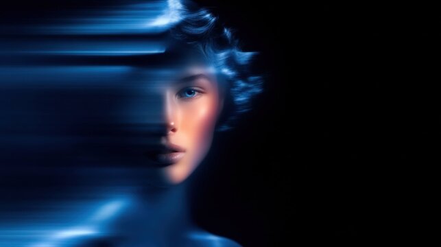 Portrait of woman face with motion blur effect and blue light, digital art concept for speed, technology and futuristic style on dark background.