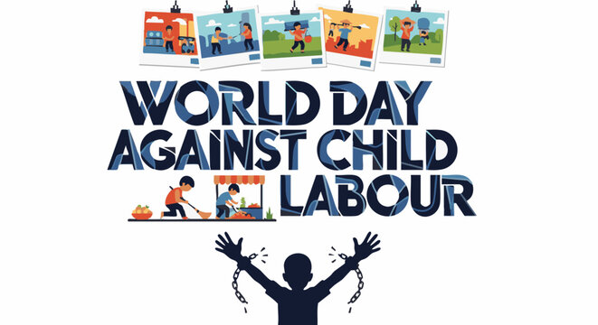 World Day Against Child Labour awareness poster with blue text and colorful illustrations for social cause campaign