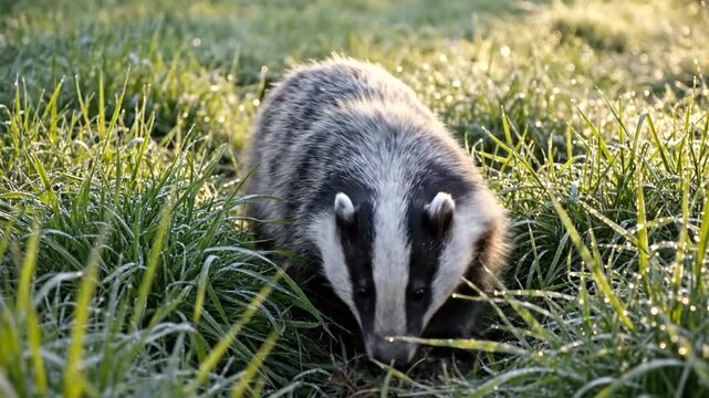 Badger in green grass field.