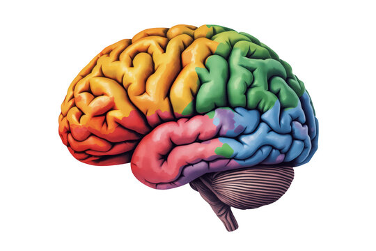 Human brain anatomy shown with colorful lobes highlighting different functions and cognitive areas, transparent background