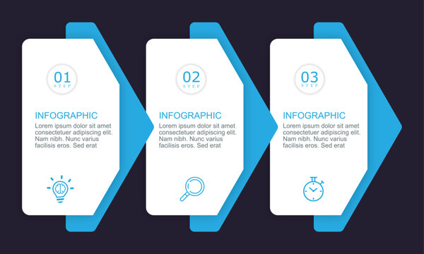 Timeline infographic template with direction shape data visualization concept for presentations banner, workflow layout, process diagram, flow chart, info graph | 3 steps layout | Blue version