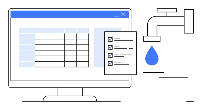 Data security, data management, privacy breach, information flow, cybersecurity, risk management. Computer screen displaying a table, checklist and faucet dripping water. Data security and privacy