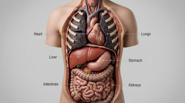 Human torso with internal organs exposed including heart lungs liver stomach intestines and kidneys