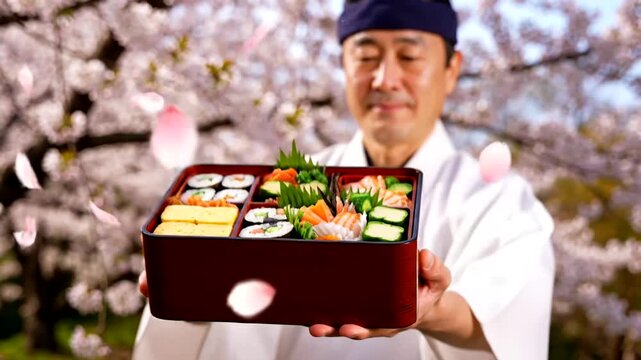 Japanese chef presents bento box with sushi outdoors or Chef holds traditional japanese food lunchbox with sakura blossoms