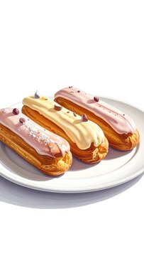 A plate of three decorated pastries on a white background