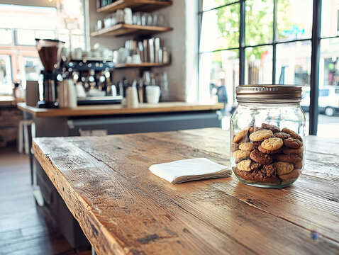 Rustic cafe table with a cookie jar and napkins, backed by a blurred coffee machine and sunny window