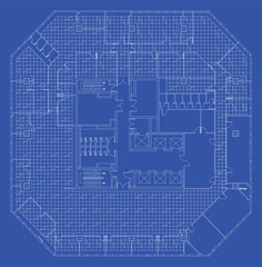 Naklejka premium Large Office Electrical Plan Blue Print with T-Bar Ceiling Layout and Lighting Placement Design