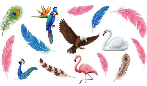 A colorful illustration of various birds and feathers in a circular design