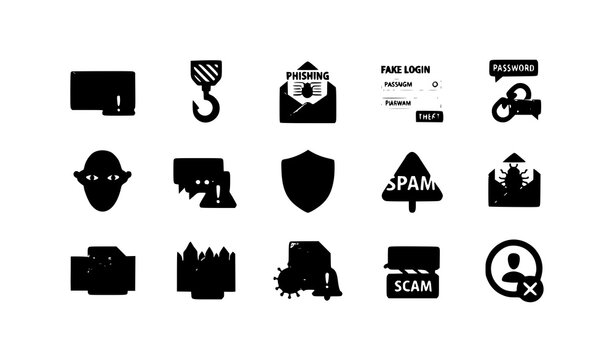 A set of black vector icons representing various cybersecurity threats and warnings