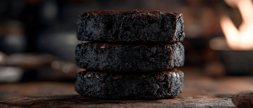 Stack of three rich, dark chocolate brownies on a rustic wooden surface with a warm, blurred background featuring a soft glow