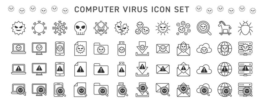コンピューターウイルスアイコンセット（線画）マルウェア・感染・エラー・警告・セキュリティリスク