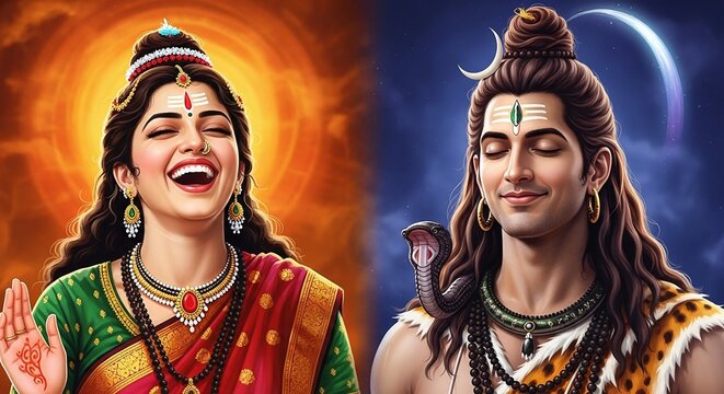 Lord Shiva and Goddess Parvati - Hindu Goddess and God Illustration.