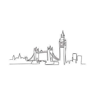 Continuous line drawing of london s iconic skyline featuring big ben and tower bridge