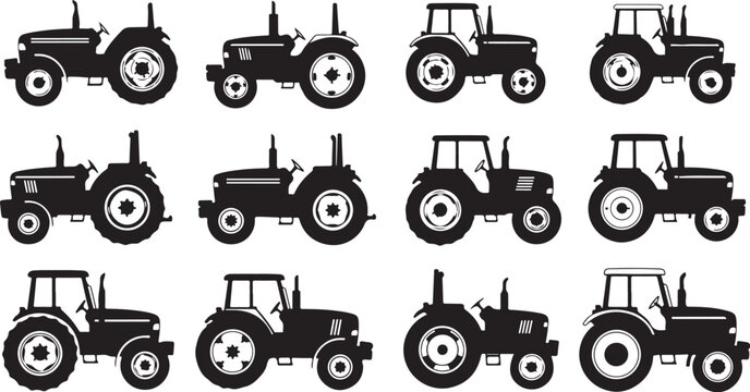 Tractors in Various Positions and Angles Silhouette