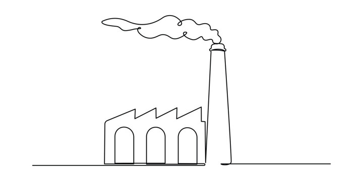 Minimalist single line drawing of an industrial factory building with a tall smoking chimney