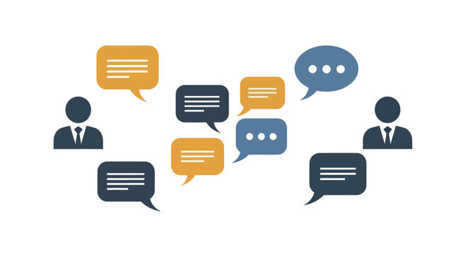 Two people communicating with speech bubbles in a discussion.