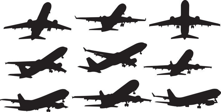 Airplane Silhouettes in Various Flight Positions and Angles
