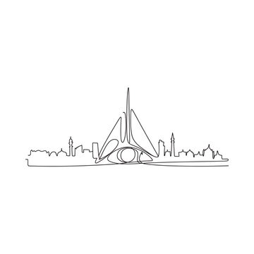 Continuous line drawing depicts a modern city skyline with distinctive architecture