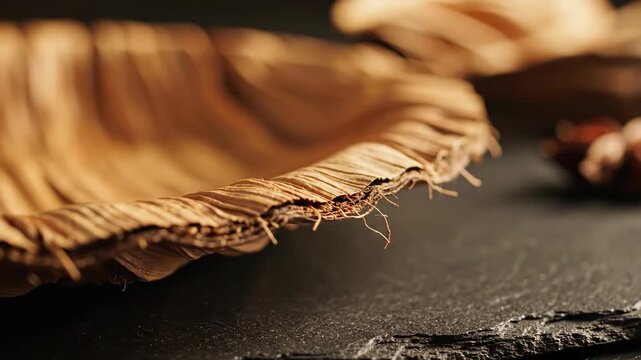 Closeup of dry palm leaf texture with star anise, rustic natural material, organic elements, macro detail