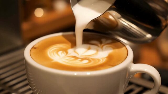 Close-up of a barista pouring steamed milk into a coffee cup, creating latte art with a floral pattern on a white ceramic mug
