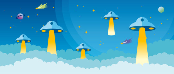 宇宙船が浮かぶ空のイラスト © awasechi