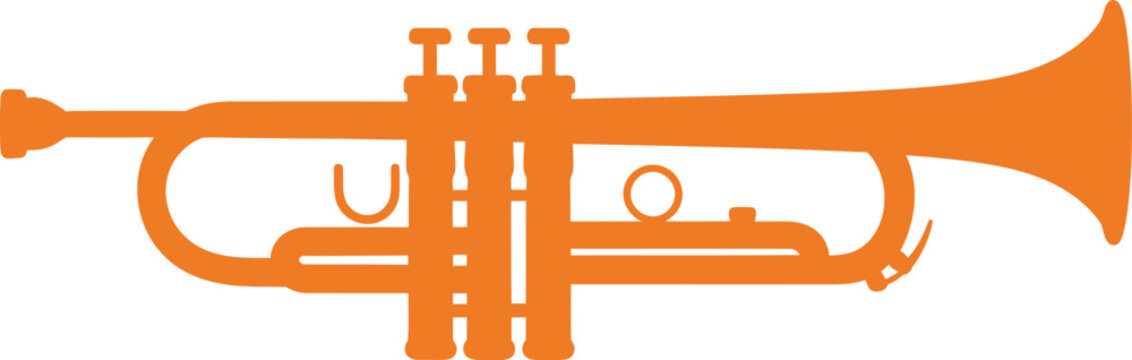 Orange trumpet vector silhouette, brass musical instrument icon, jazz music equipment art