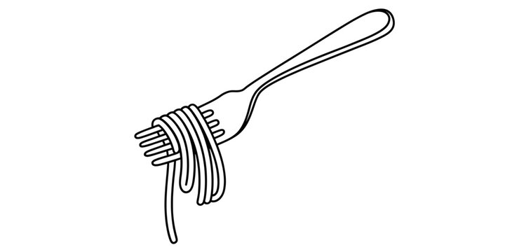 A simple black and white line drawing of a metal fork with spaghetti twisted around the tines Vector, illustration
