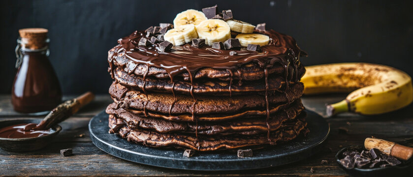 Tall stack of rich chocolate pancakes, drizzled with chocolate sauce, topped with banana slices and chocolate pieces