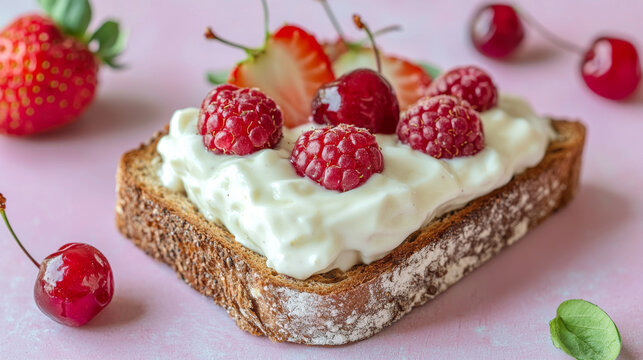 Toasted bread topped with creamy white spread, fresh raspberries, cherries, and sliced strawberries on a pink surface