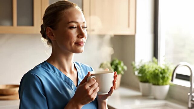 Female healthcare professional in blue scrubs enjoying a hot beverage in a home kitchen