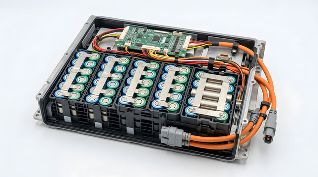 Modern lithium ion battery pack with cooling system and electronic control unit for electric vehicle isolated on white