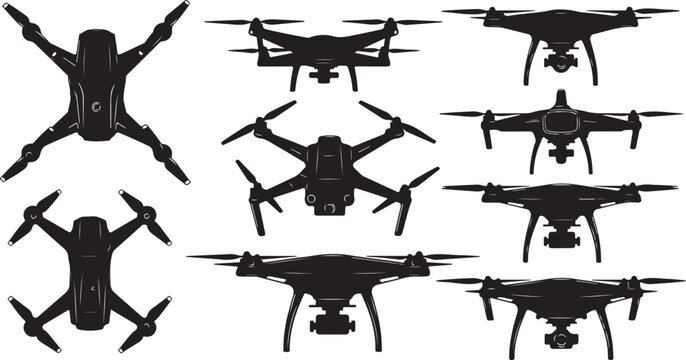Collection of various drone silhouettes in different angles shown