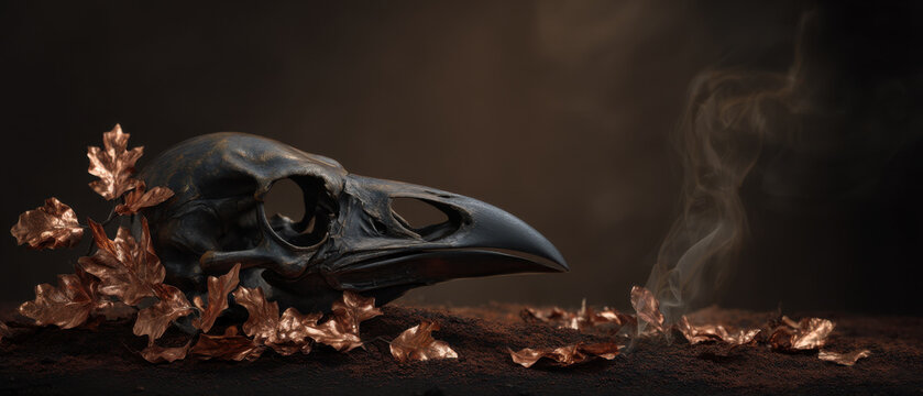 Black crow skull sculpture, dark raven skull decor with copper leaf smoke, mysterious gothic mood