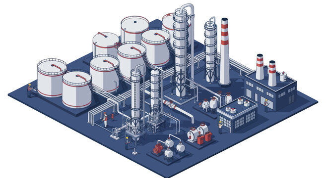 Isometric Industrial Oil Refinery Plant with Storage Tanks and Chimneys.