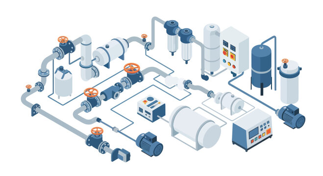 Isometric Industrial Pipeline System with Valves and Pumps.