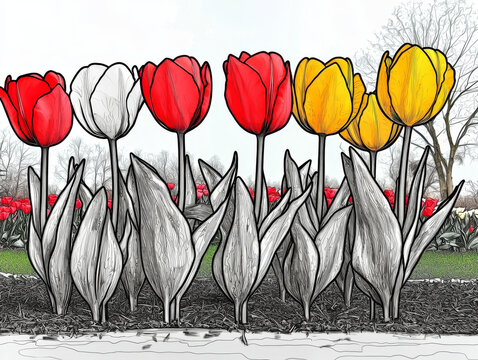 Vibrant red, white, and yellow outlined tulips with grayscale leaves in a garden, digitally painted against a light sky and faint trees