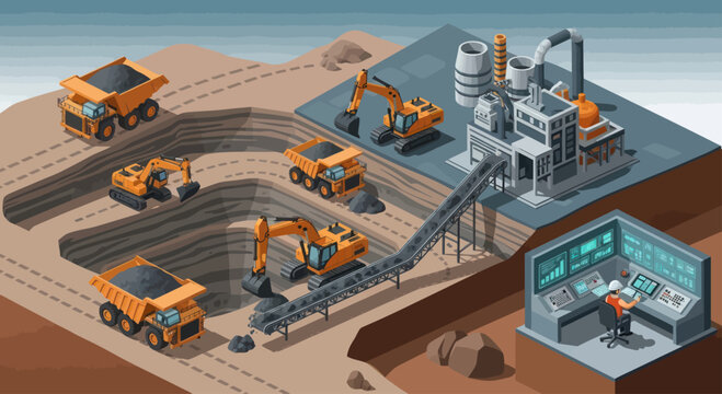Isometric Mining Operation with Heavy Machinery and Control Room.