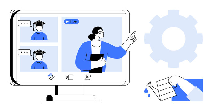 Online learning, education technology, distance teaching, video conferencing, remote classes, virtual meetings. A live session with a teacher and students on screen. Online learning and education