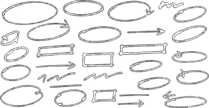 Vintage collection of hand drawn doodle arrows and black calligraphic design elements featuring retro ribbons, borders, and scrolls for vector illustration frames