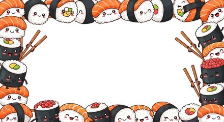 Fototapeta premium Cute cartoon sushi rolls and chopsticks form a frame around a white center background.