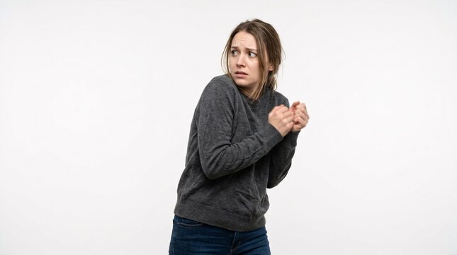 Young Woman Expresses Fear Looking Away with Hands Clasped in Front