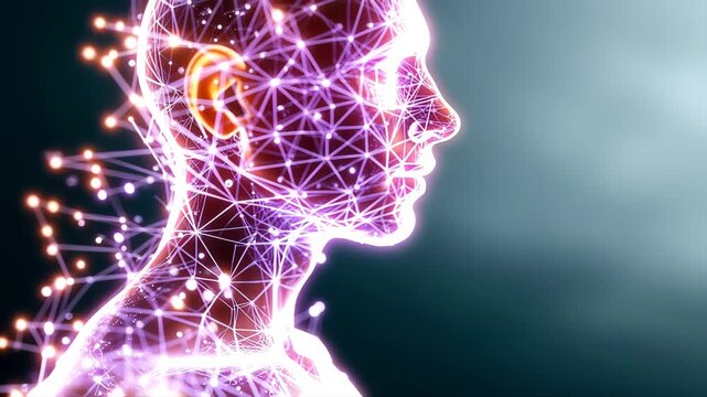 カラフルに光る線で繋がり合うネットワークで構成された人物の横顔